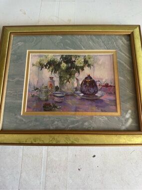 Framed Floral Still Life Wall Art - Gold Frame, Green Mat